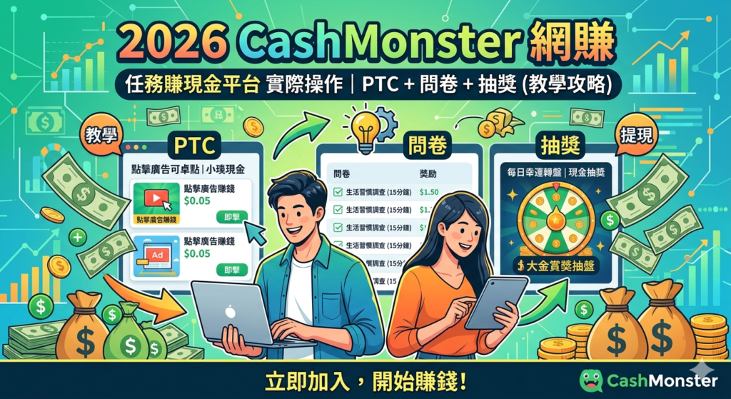 【2026 CashMonster 網賺】任務賺現金平台實際操作｜PTC+問卷+抽獎(教學攻略)
